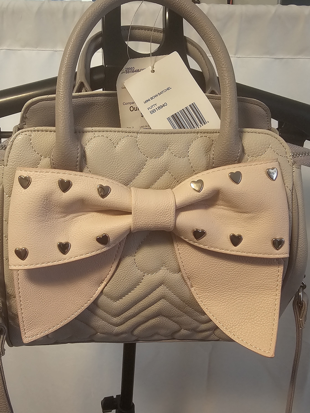 Betsy Johnson Quilted Heart Bow Satchel - Beige/Pale Pink